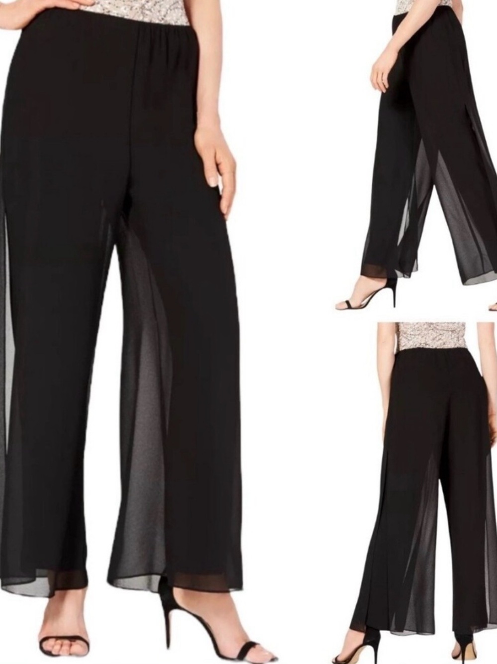 Adrianna Papell Black Wide-Leg Sheer Overlay Trousers